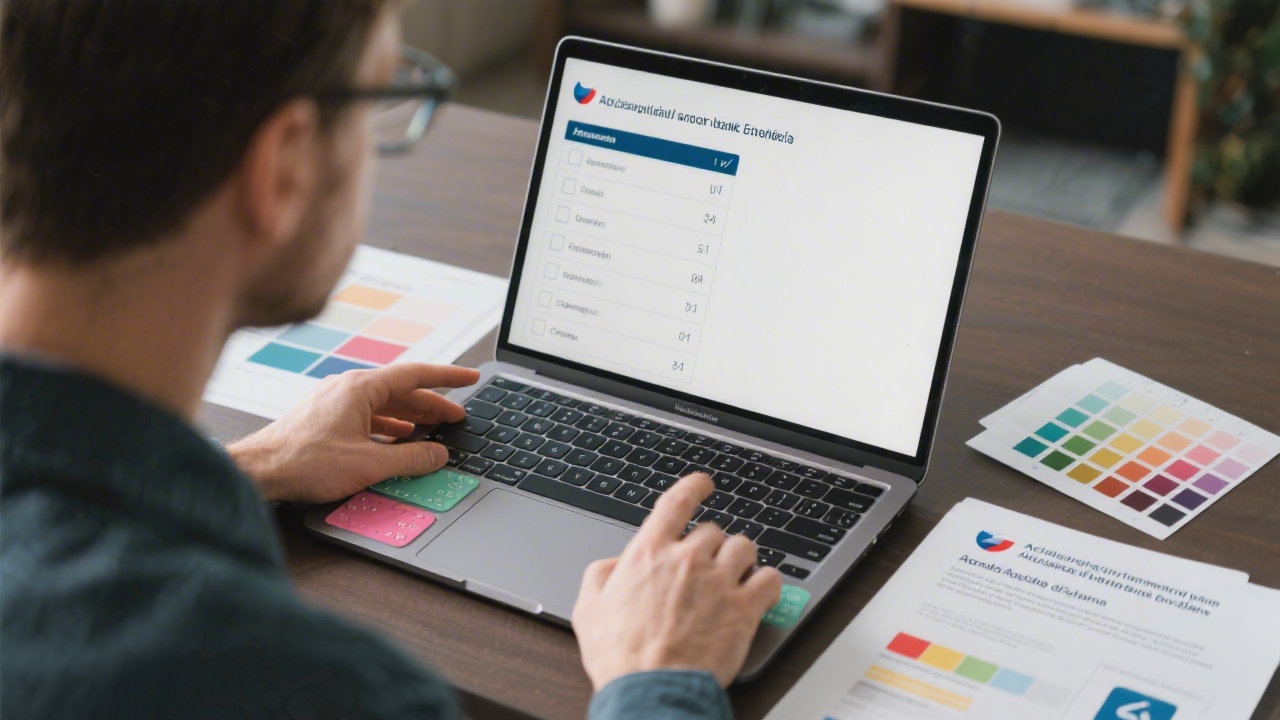 UX professional evaluating accessibility checklist on laptop alongside tactile keyboard overlays, colour contrast swatches, and Czech accessibility guidelines to refine inclusive digital banking experience.