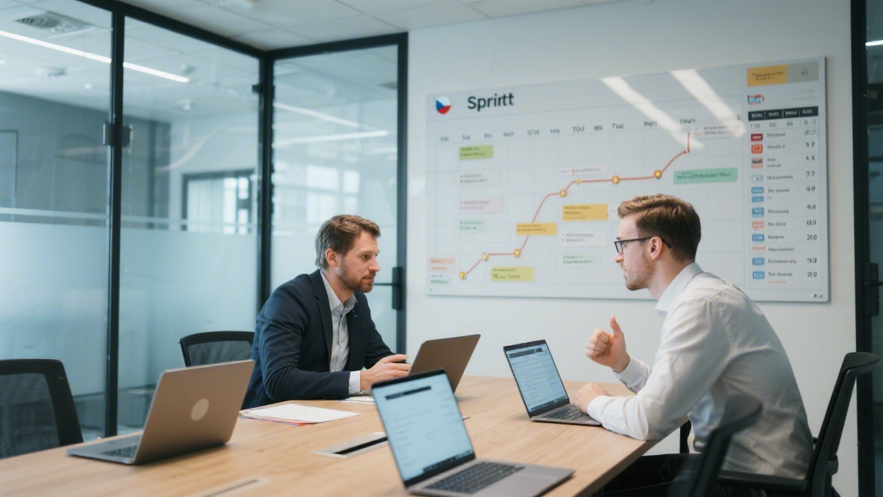 Client and consultant discussing project roadmap in modern meeting room with glass walls, sprint calendar, and laptops displaying project backlog items for upcoming Czech design engagement.