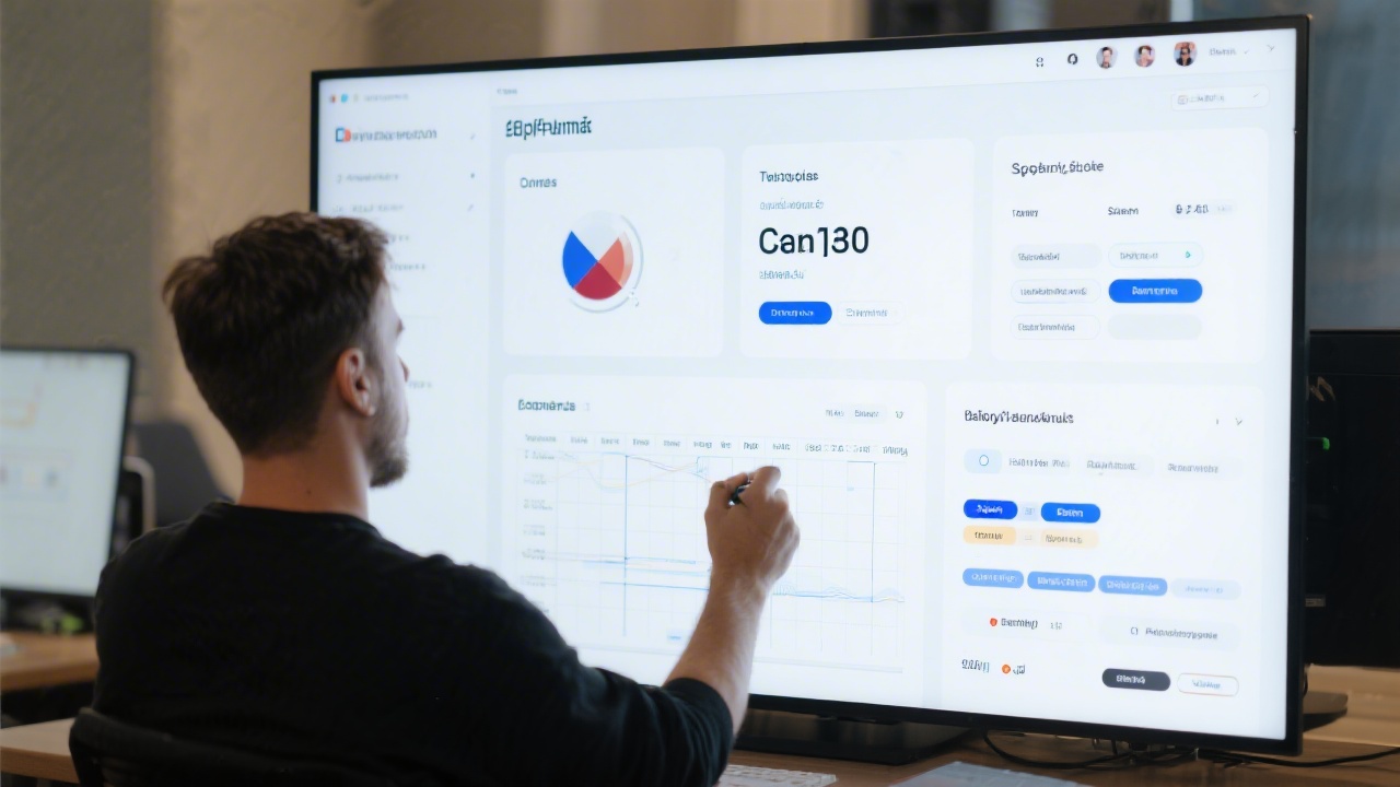 Design operations specialist documenting component guidelines on large screen showing tokens, typography scales, button states, and responsive grid rules to maintain cohesive cross-platform Czech design system delivery.