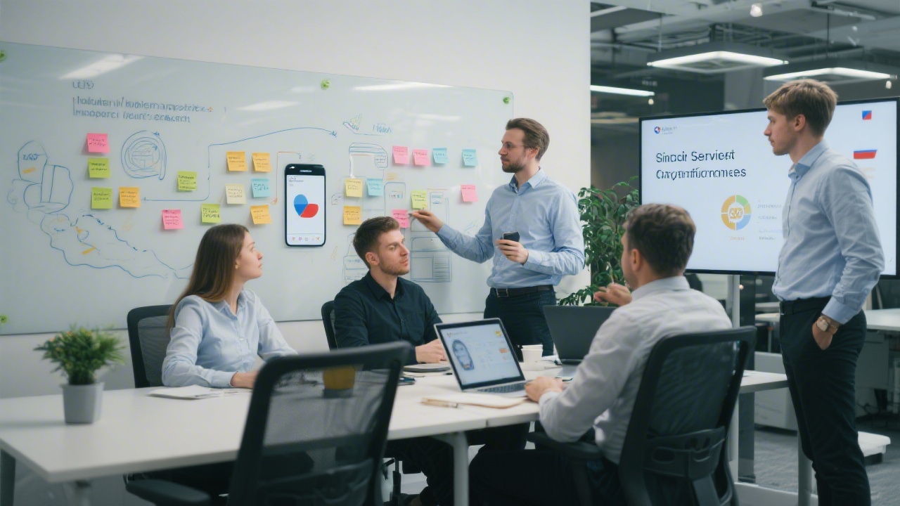 Professional design team collaborating in modern Prague office around digital whiteboard with sticky notes while planning intuitive mobile application experience for financial services clients in Czech Republic.