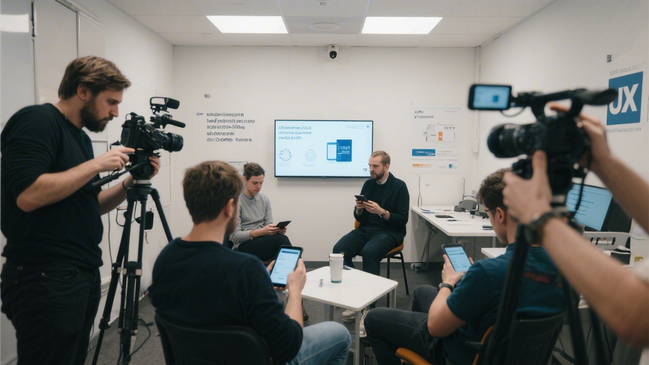 UX researchers observing participants using touchscreen devices during moderated interview in dedicated Prague usability lab with cameras, capturing qualitative insights for iterative product improvements across Czech market.