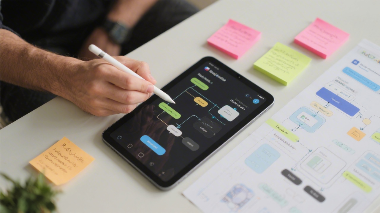 Product designer crafting interactive mobile prototype on tablet with stylus beside sticky notes, illustrating interface flow, component states, and content hierarchy for emerging Czech digital banking service.