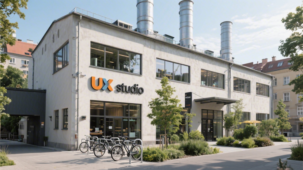 Exterior of renovated industrial building in Prague Karlín district housing UX studio, with branded signage, bicycle parking, and sustainable greenery reflecting collaborative workspace culture.