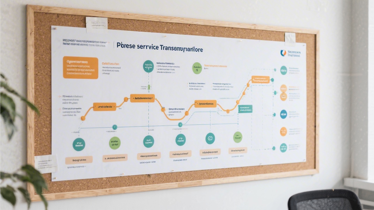 Detailed process journey map pinned on wall with research insights, opportunity statements, prioritised initiatives, and measurable outcomes guiding multi-phase service transformation for Czech insurance provider.