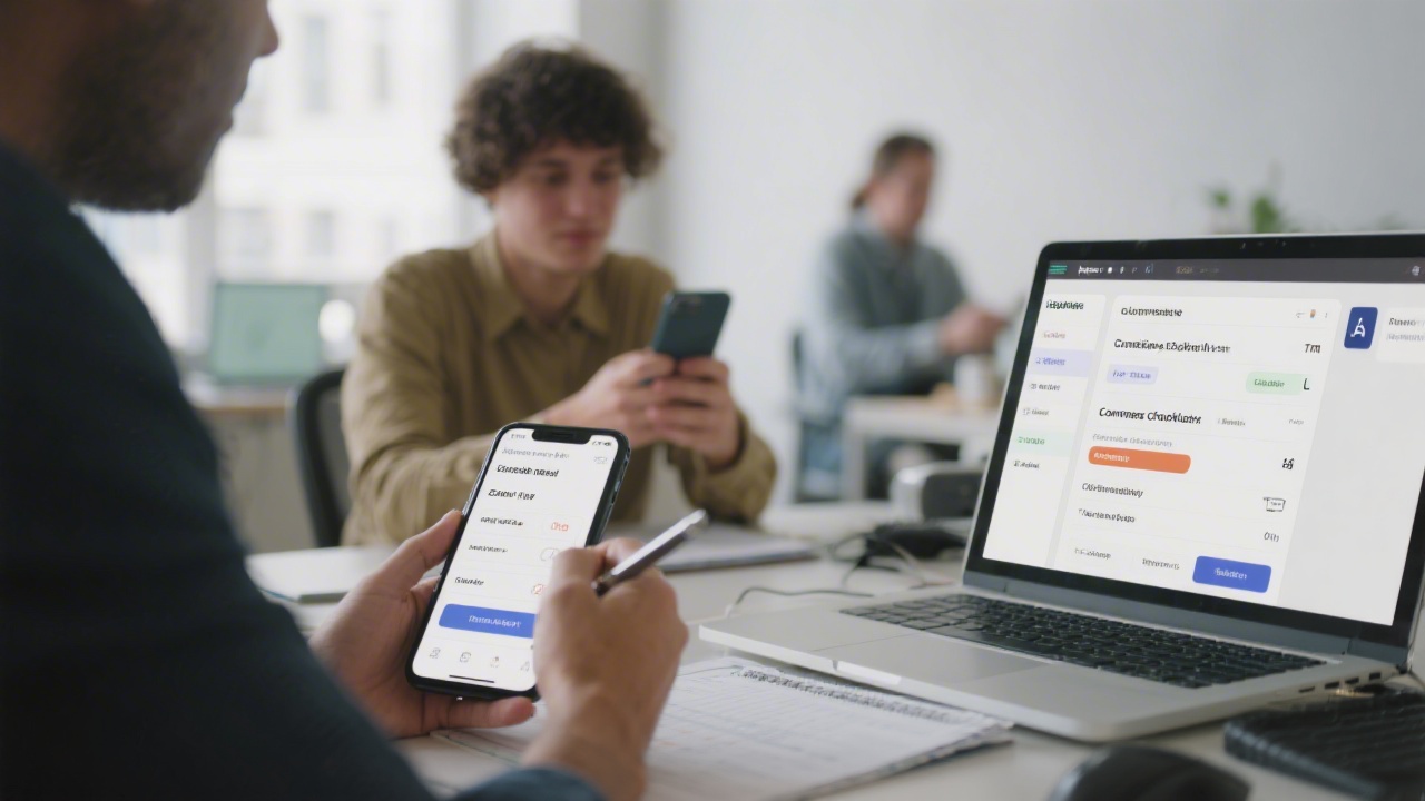 Participant holding smartphone while facilitator records reactions during structured usability testing session, highlighting task completion timing, verbal feedback, and accessibility observations for e-commerce checkout journey.