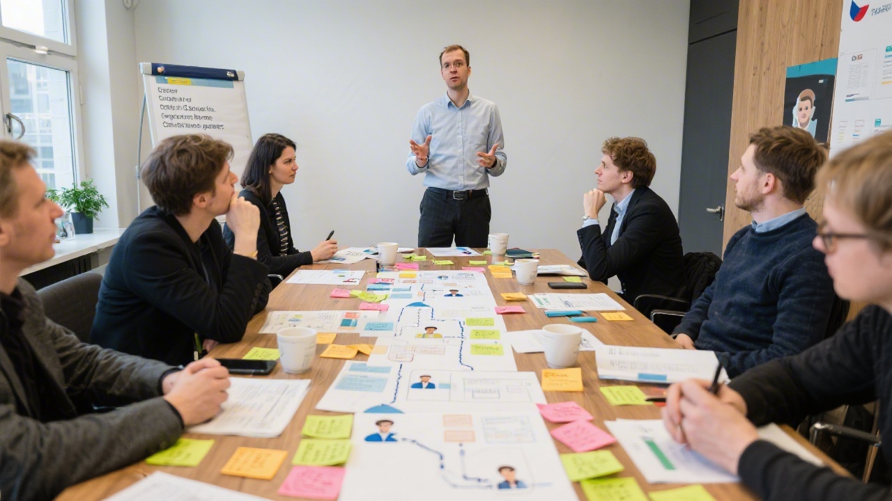 Facilitator leading co-creation workshop around communal table with stakeholders mapping customer journeys using sticky notes, service blueprints, and Czech market personas to prioritise roadmap decisions.